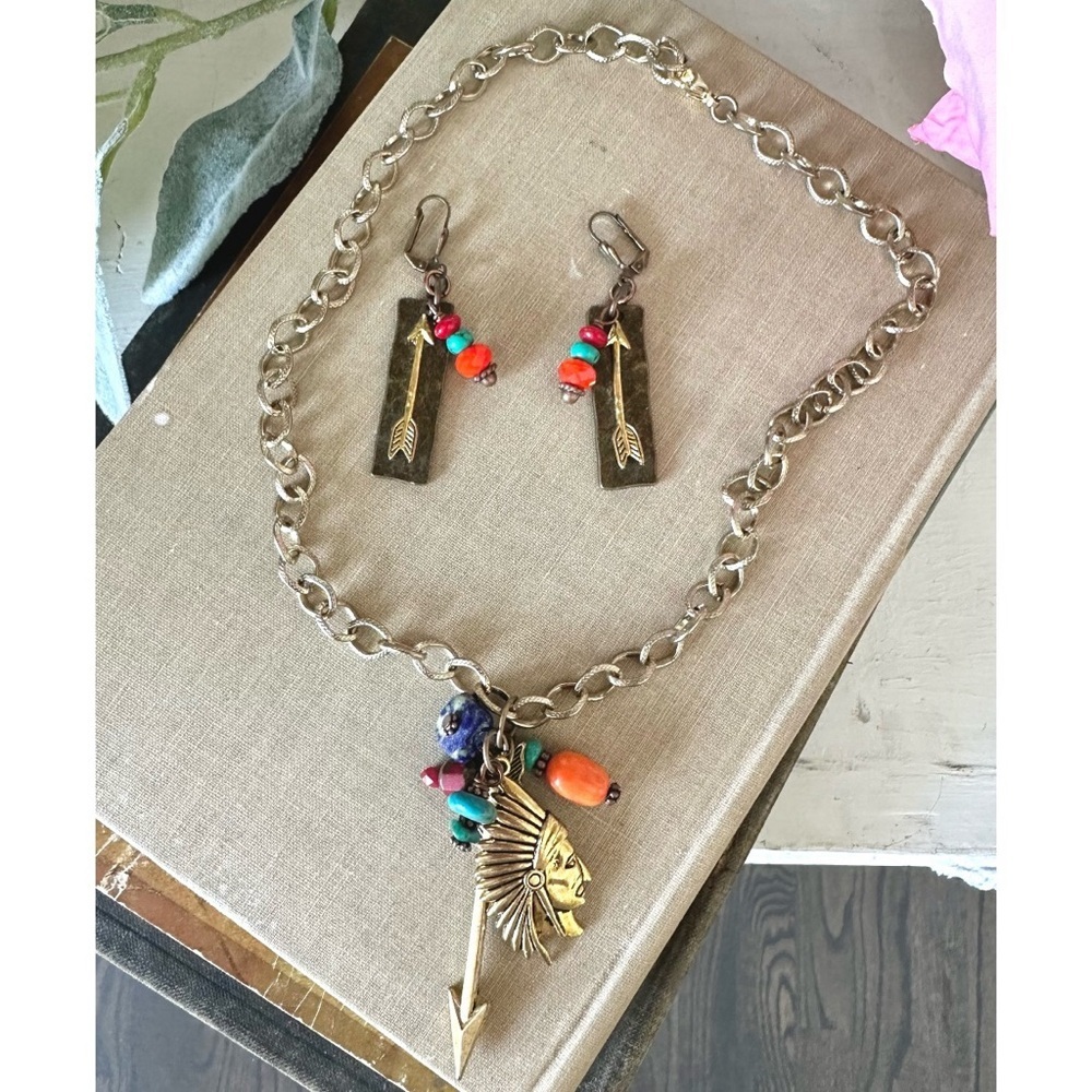 Copper charm necklace with natural stone beads and arrow/headdress & earrings